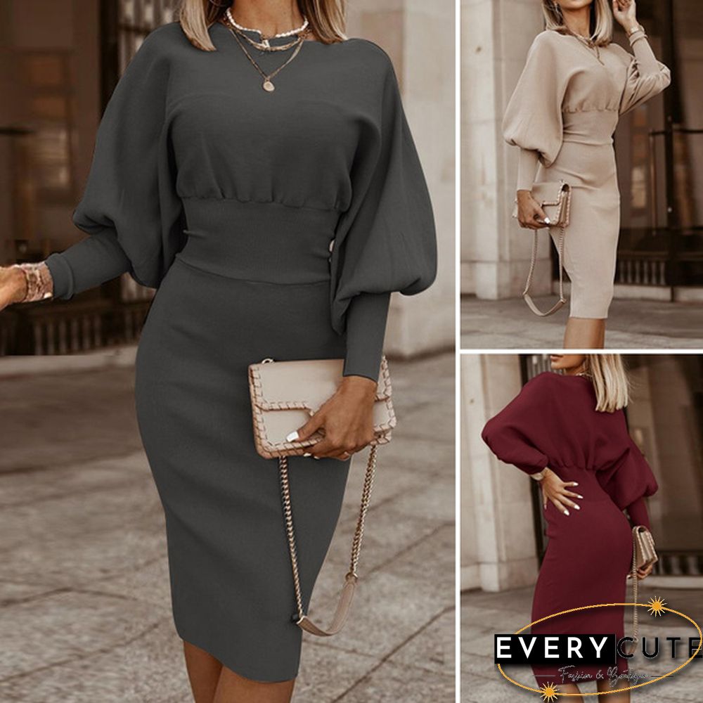 Women Fashion Elegant Sundress Crew Neck Solid Full Sleeve Party Club Slim Midi Dresses