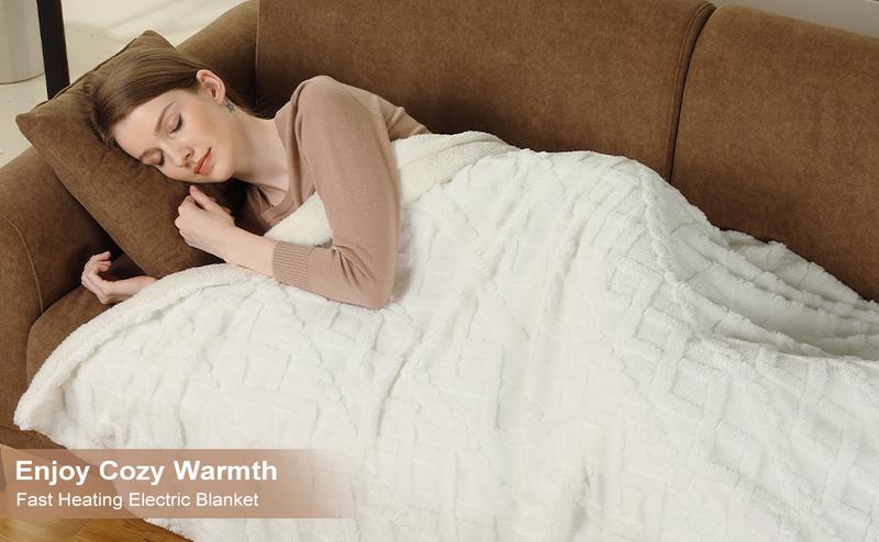 GARVEE Heated Throw Blanket - Thick Tufted Sherpa Electric Blanket Throw with 10 Heating Levels and 10 Time Settings, ETL Certified Machine Washable Fast Heating Blanket Throw 50"×60", Off White