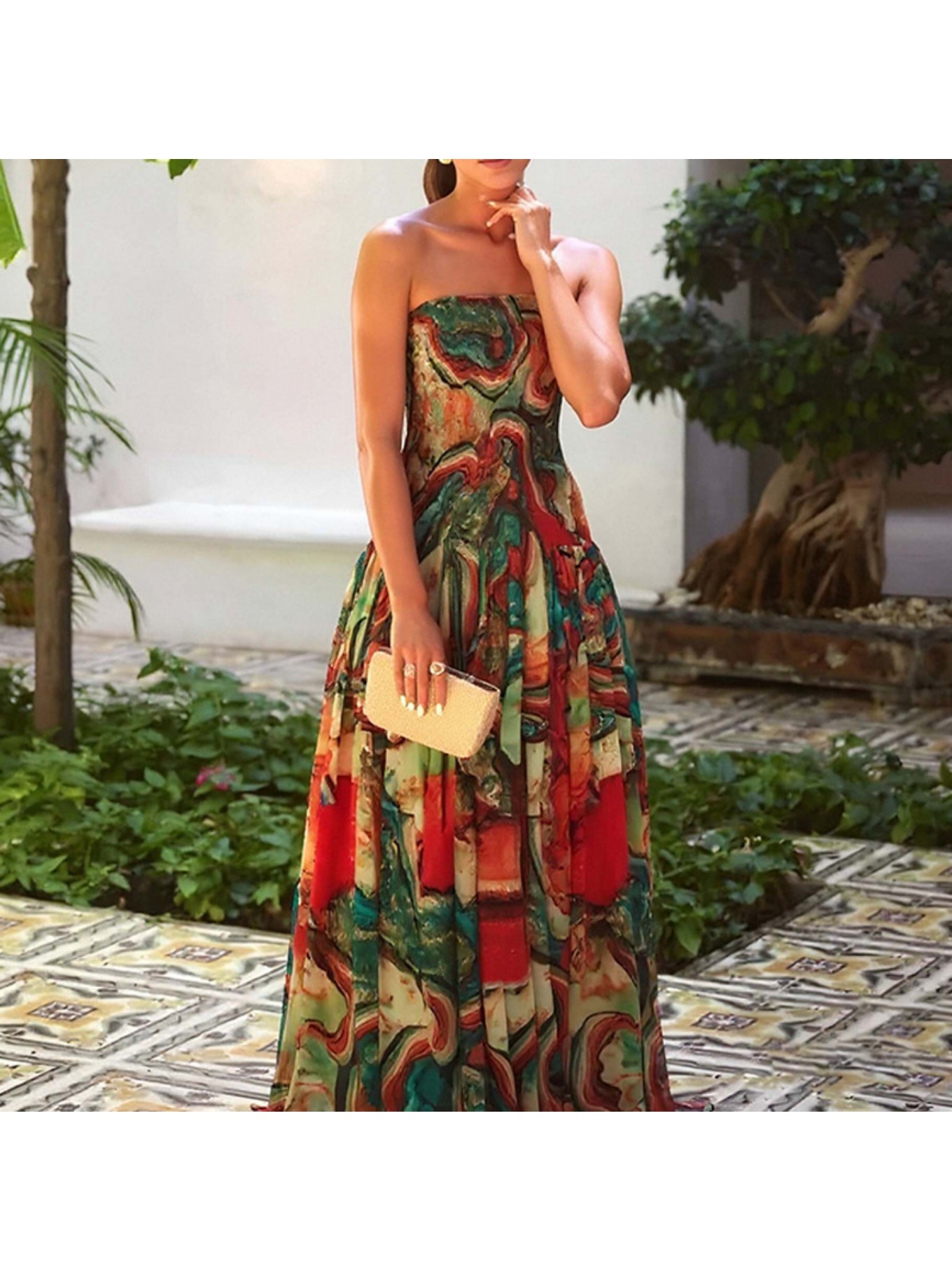 Women's Elegant A-Line Mermaid To -Length Dress - Sleeveless Square Neck Boho-Chic Print (Turquoise/Red/Green/Beige) - Wrap-Around Chest Strapless Party Wedding Guest Dress, Machine Washable All-Season Formal Gown, Dresses For Women | IFYHOME