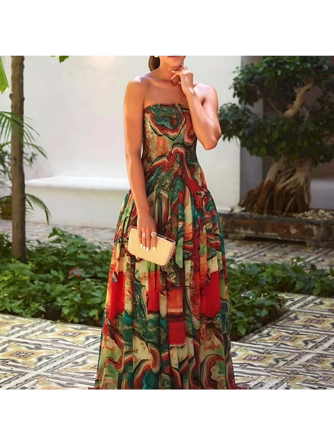 Women's Elegant A-Line Mermaid To -Length Dress - Sleeveless Square Neck Boho-Chic Print (Turquoise/Red/Green/Beige) - Wrap-Around Chest Strapless Party Wedding Guest Dress, Machine Washable All-Season Formal Gown, Dresses For Women | IFYHOME