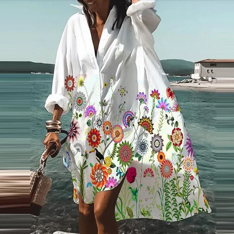 Spring Summer New 2021 V Neck Casual Print Shirt Dresses Fashion Elegant Long Sleeves Irregular Buttons Sexy Beach Party Dresses