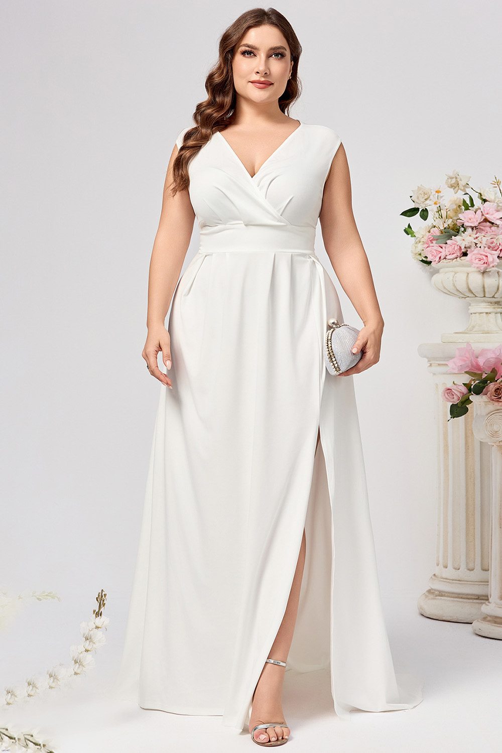 Plus Size Formal White Wrap Slit Tunic Backless Maxi Dress 2024 - Flycurvy 