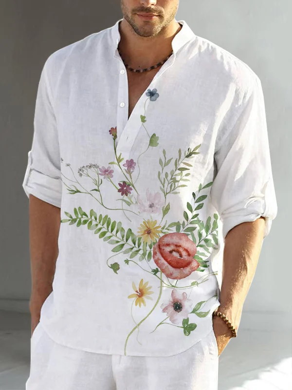 Floral cotton linen men's long sleeve casual shirt