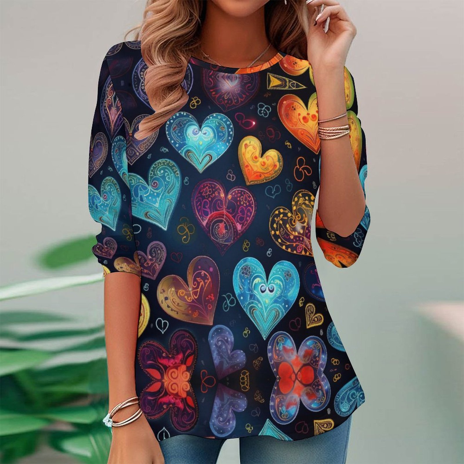 Women Long Sleeve V-neck Graphic Floral Printed Top