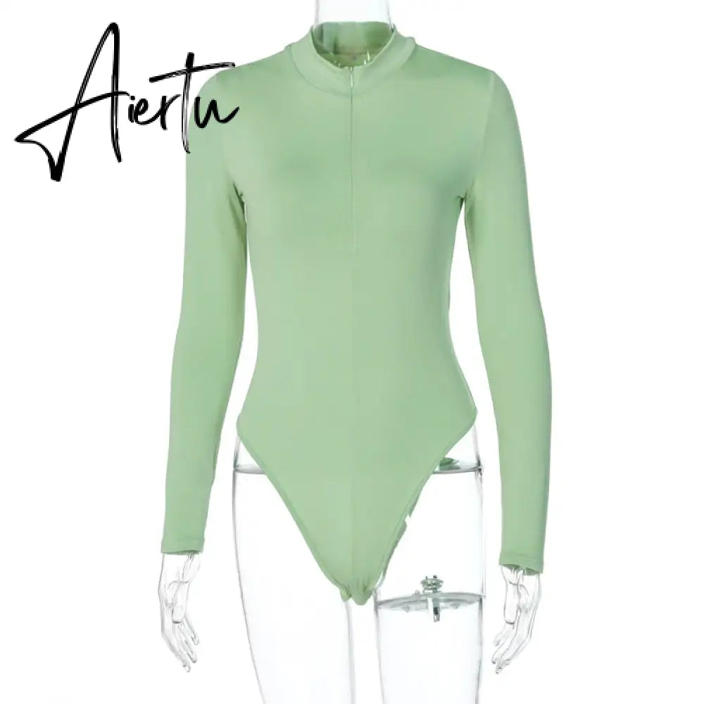 Aiertu long sleeve front zipper v neck women sexy body high stretchy basic bodysuit Aiertu