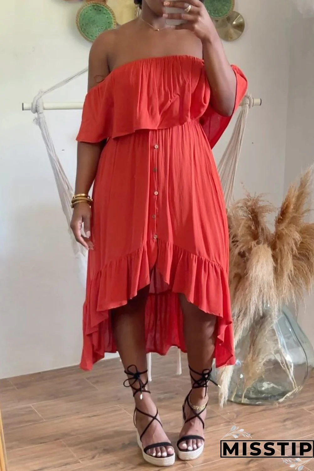 Watermelon Red Casual Sweet Daily Elegant Flounce Asymmetrical Solid Color Off the Shoulder Dresses