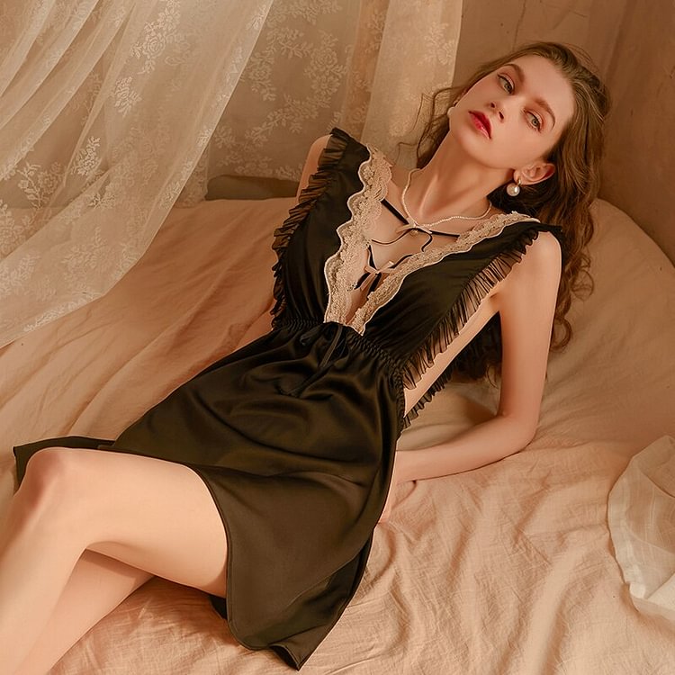 Women Stain Night Dress Sexy Sleepwear Nightwear Lounge Homewear Split Nightgown Camisolas Lingerie Backless 