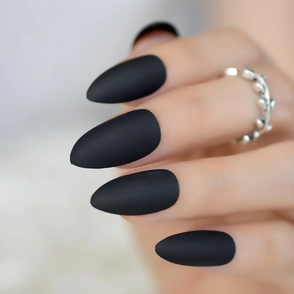 Fashion Matte Press On Nails Cool Black Almond Fake Nail Tips Artificial Manicure Tips Fingernails Easy Use-Nail Inspo
