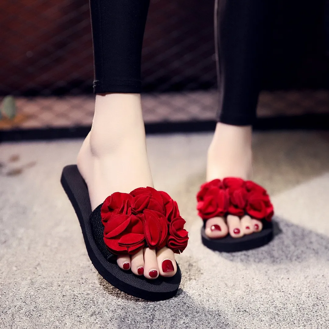 Women Shoes Summer Bohemia Floral Beach Sandals Pink Bow Slippers Flip Flops For Women Platform Sandals Beach Slippers 1.5CM