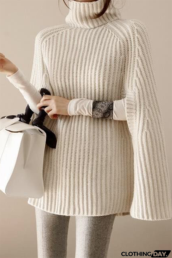 Casual Street Solid Split Joint Turtleneck Tops Sweater (Without Belt)