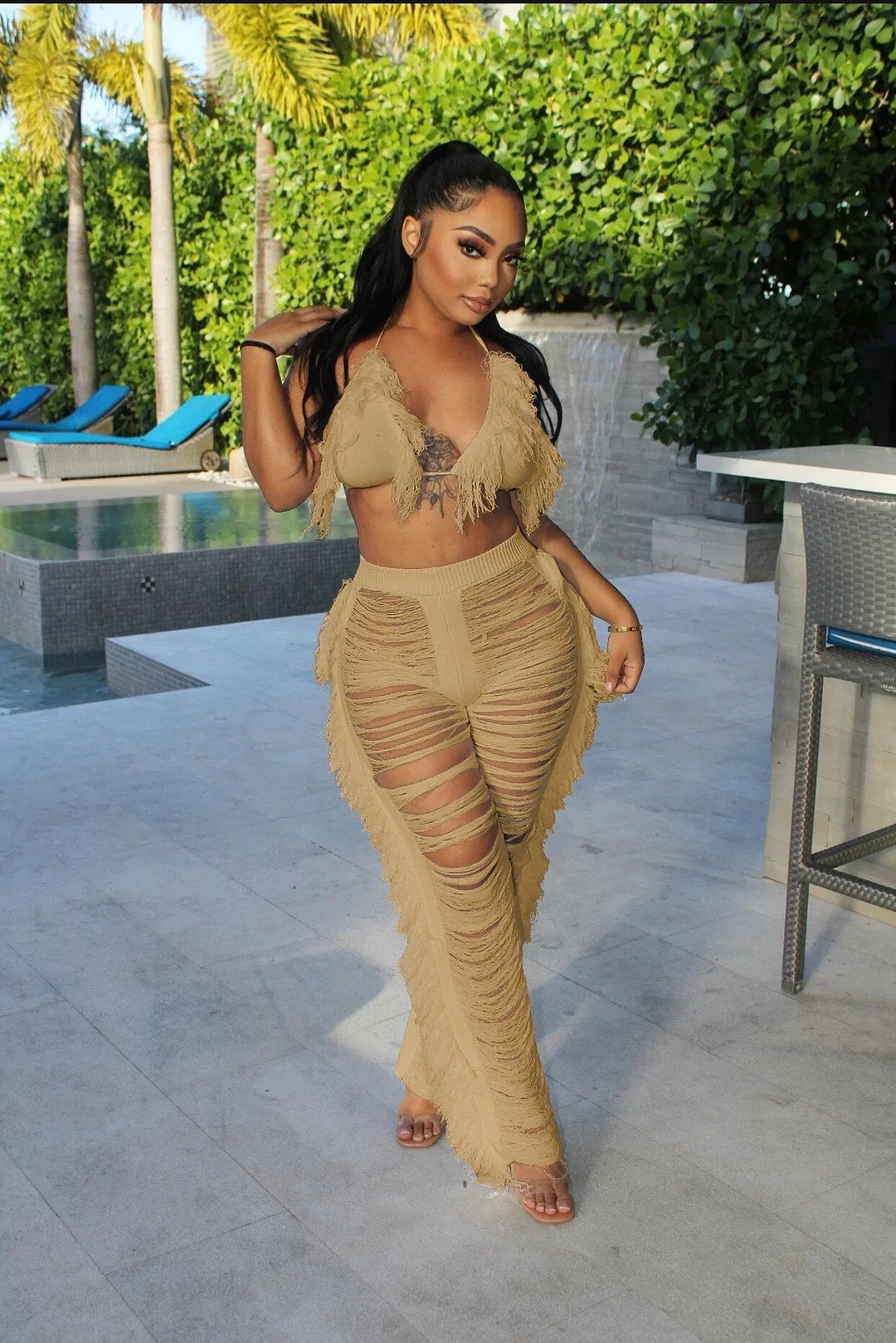 CM.YAYA Sexy Beach White Women 2pcs Set Tassel Crop Tops and Hole Wide Leg Pants Set Sweatsuit Tracksuit Two Piece Set Outfits