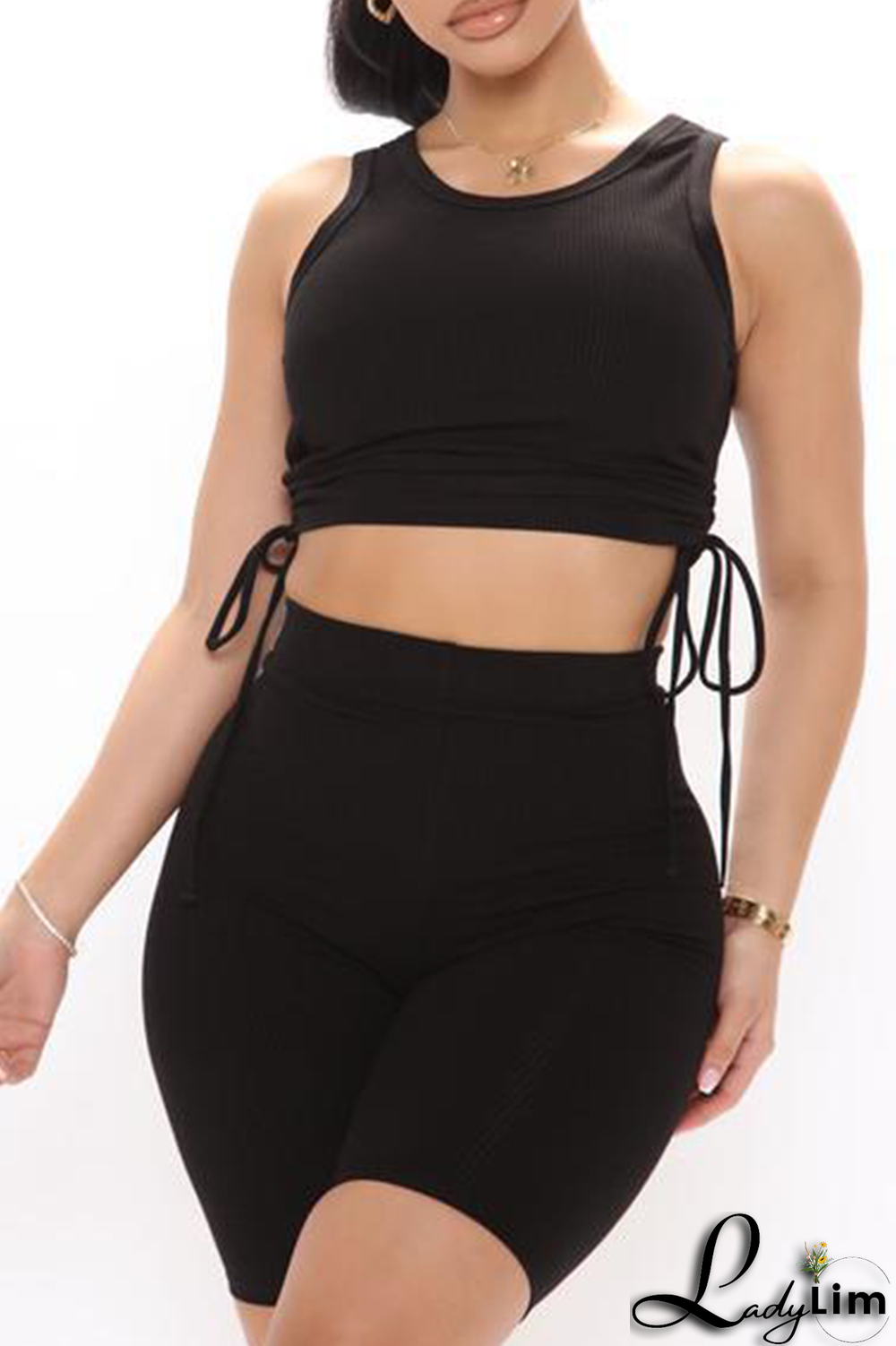 Grey Sportswear Solid Draw String O Neck Sleeveless Two Pieces