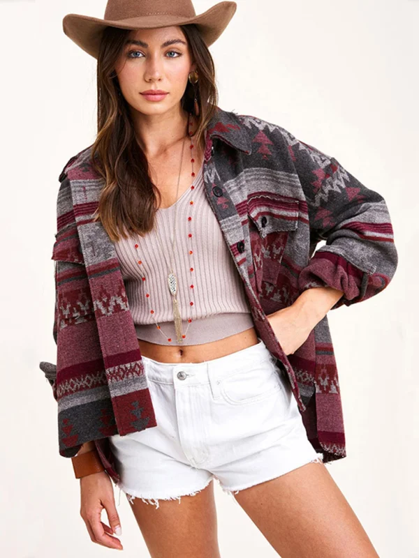 Women's Retro Ethnic Geometric Print Wool Loose Coat Flusfy