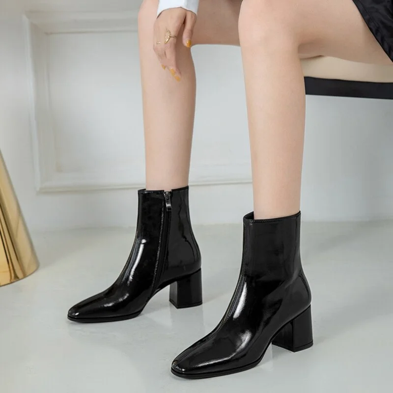 Halloween Lourdasprec 2022 New Ankle Boots For Women Casual Zipper Square High Heels Fashion Back Zipper Short Boots Shoes Soft Leather Boot