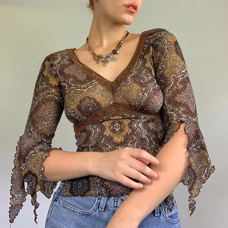 Rapcopter Lace Floral Crop Top Aesthetic y2k T Shirt Grunge Vintage V Neck Autumn Pullovers Women Harajuku Cute Tshirt Korean