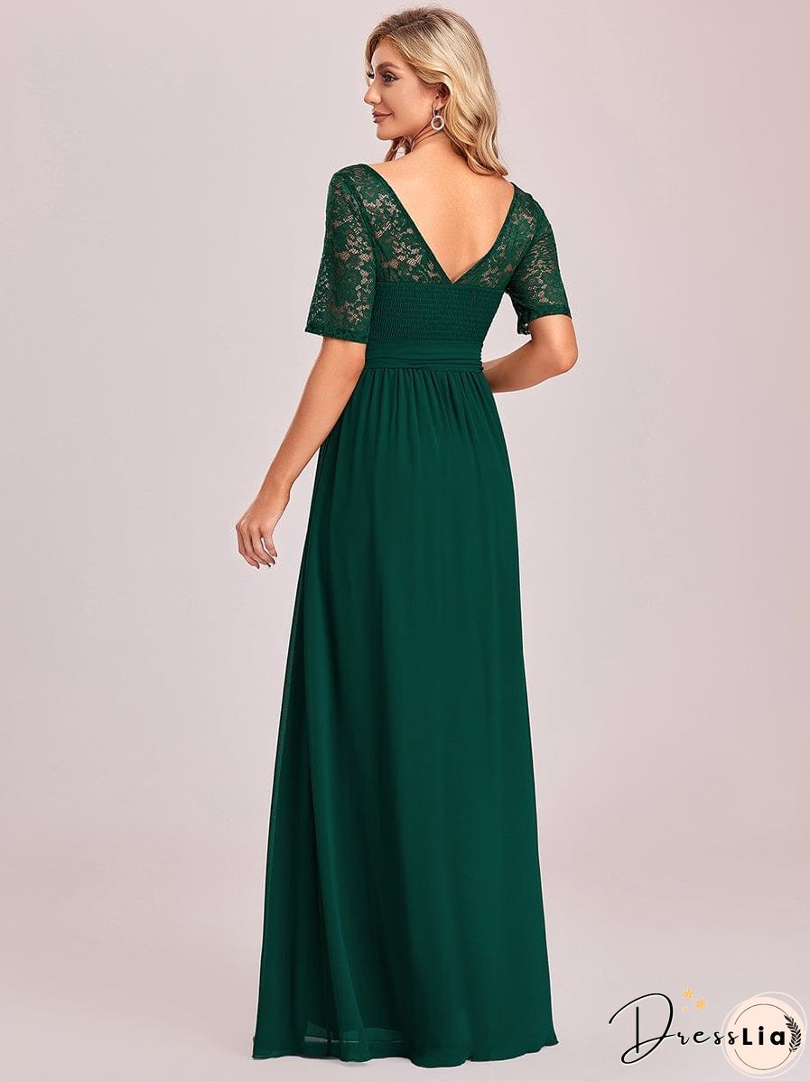 Sophisticated Lace Bodice Chiffon Maxi Evening Gown with Belt for Elegant Occasions