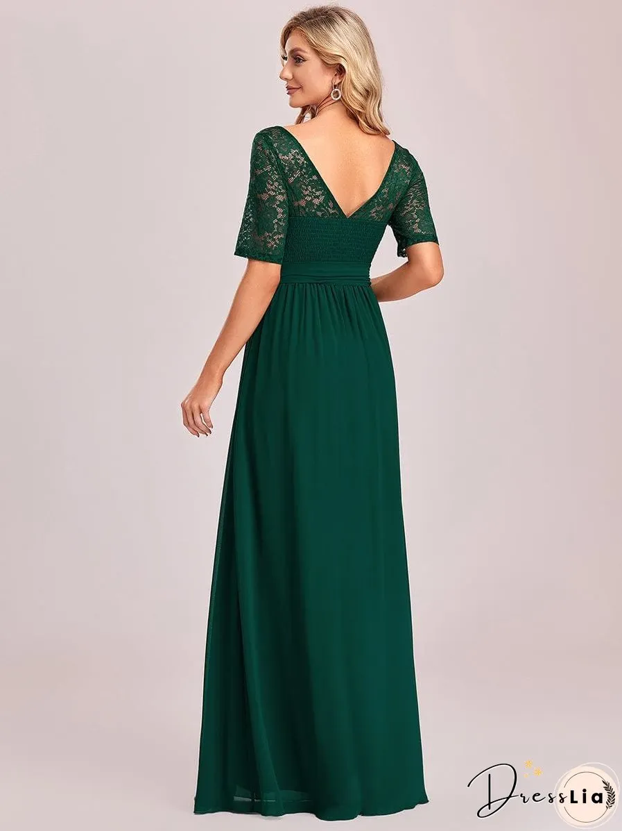 Sophisticated Lace Bodice Chiffon Maxi Evening Gown with Belt for Elegant Occasions
