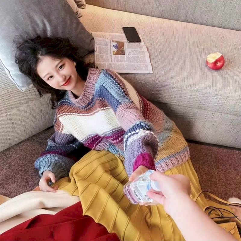 Women's sweater 2020 new women's fall/winter pullover loose outer wear Japanese lazy knit sweater color matching thick line tops