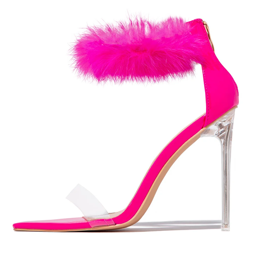 Fuchsia Pointed Toe Sandals Clear Heel Fluffy Strap Sandals