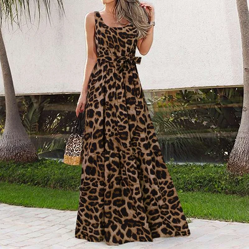 Bohemian Leopard Print Women Maxi Dress 2021 Celmia Summer Sexy Sleeveless Party Dress Elegant Casual Swing Sundress