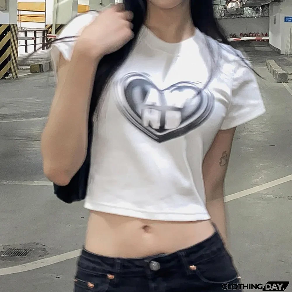Spring Fresh Girl Heart Print T-Shirt Simple Basic Casual Short Crop Top