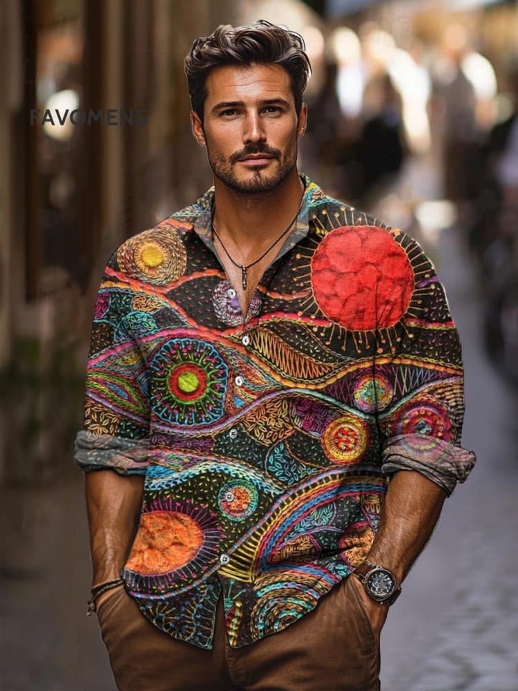 Vintage Cells Color Waves Art Print 100% Cotton Long Sleeve Shirt Multicolor / S