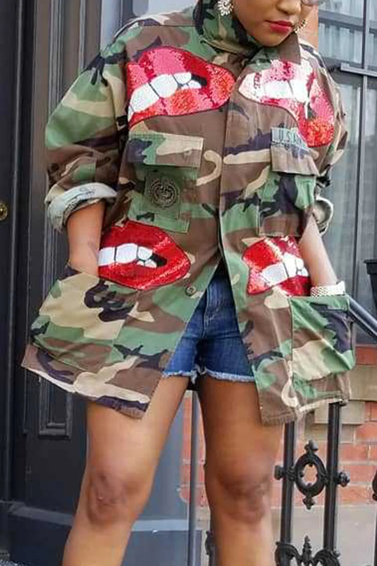 Plus Size Daily Jacket Sequin Green Camo Lips Pattern With Pocket Jacket