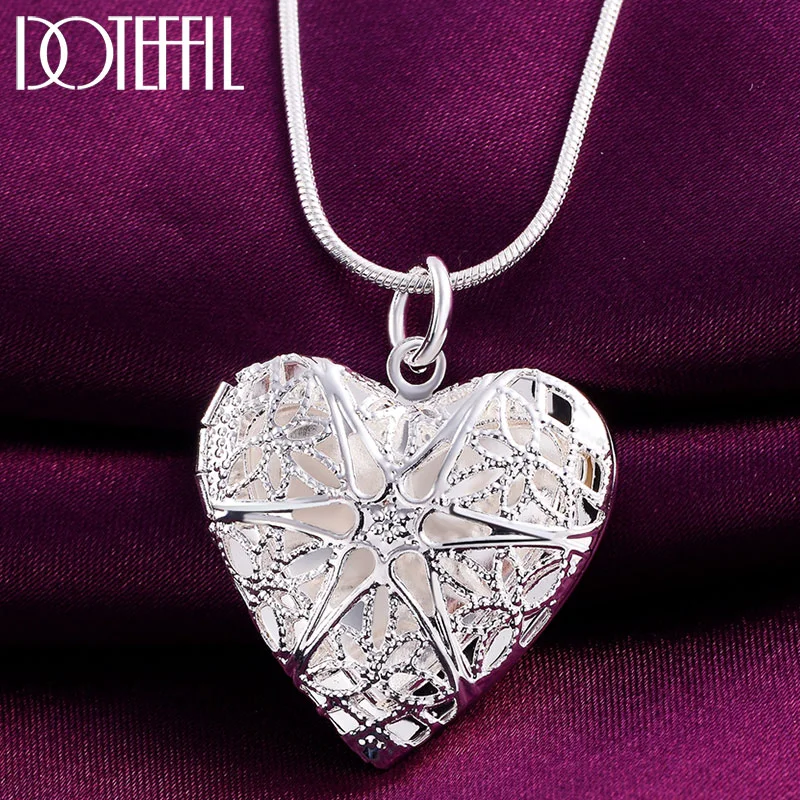 DOTEFFIL 925 Sterling Silver 18 Inch Snake Chain Heart-Shaped Photo Frame Necklace For Women Jewelry