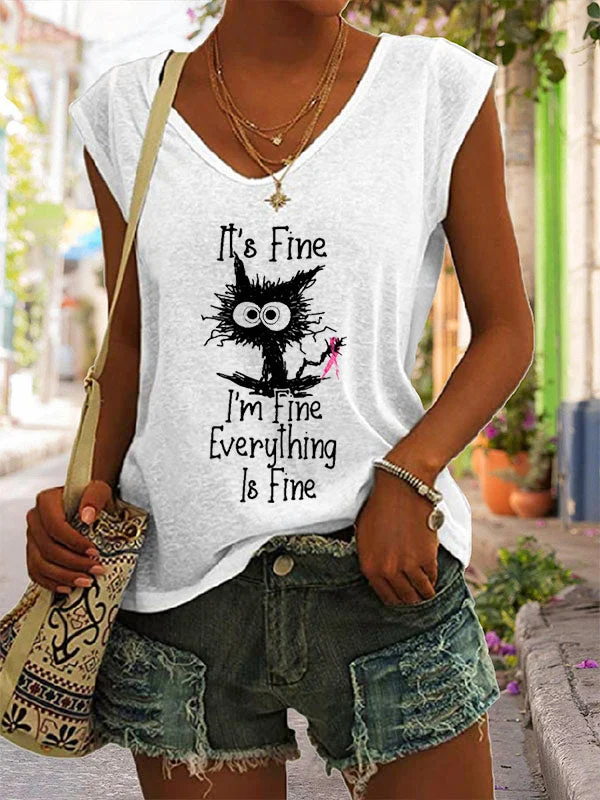 I'm Fine Everything Is Fine Pink Ribbon Graphic V-neck Loose Tank