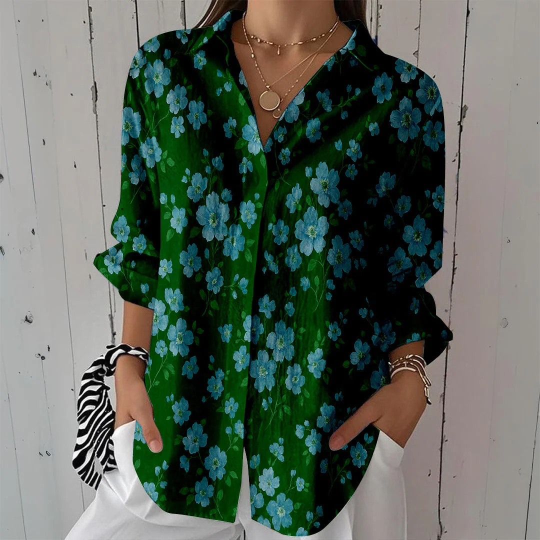 Style & Comfort for Mature Women Women Floral, Blue, Blue DZCL0166 3/4 Sleeve Shirt Collar Printed Button Tops