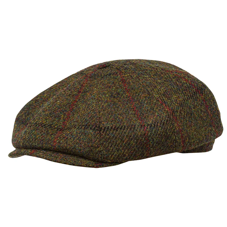 PEAKY CAPS Genuine Scottish Harris Tweed 8 Panels Man Cap Wool Large Crown GREEN-RED