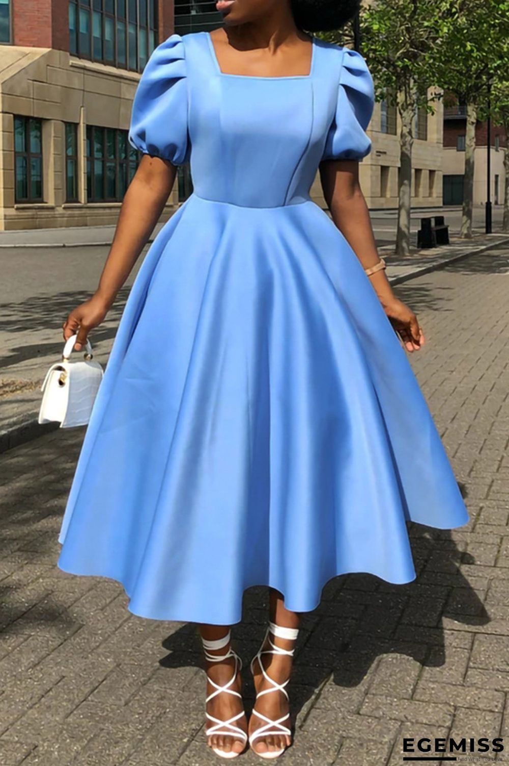 Sky Blue Fashion Casual Solid Patchwork Square Collar Dresses | EGEMISS