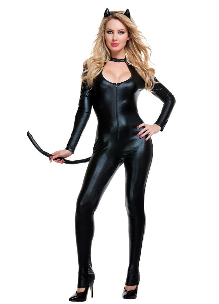 Womens Black Leather Wild Cat Halloween Costume-elleschic