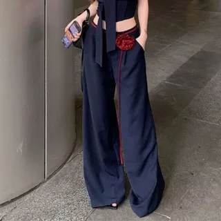 / Plain Leg Two Tone Low Top Wide Tube Pants Crop Waist Front Tie