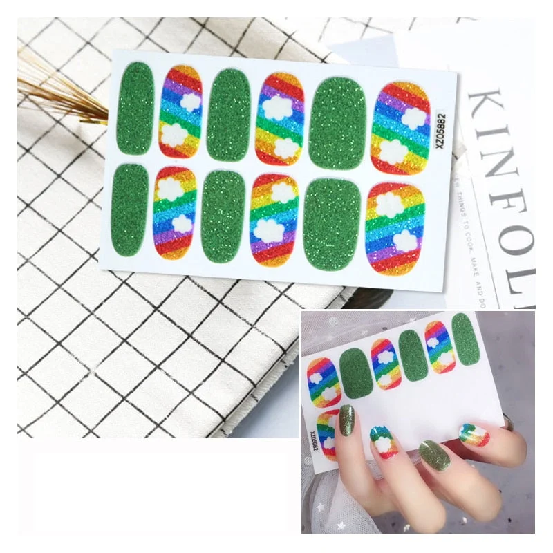 ENDRRFLL  1pc/12tips Rainbow glitter sticker full wrap DIY manicure art watermark nail art slider girl heart design sense