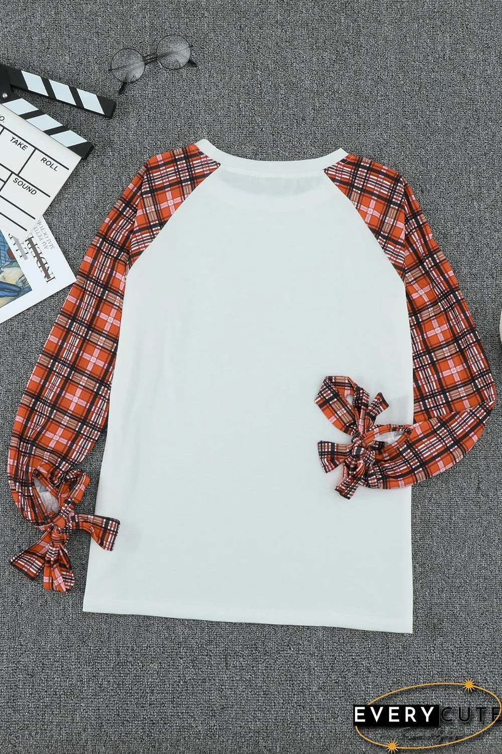 White Plaid Patchwork Long Sleeve Top with Cuff Bow