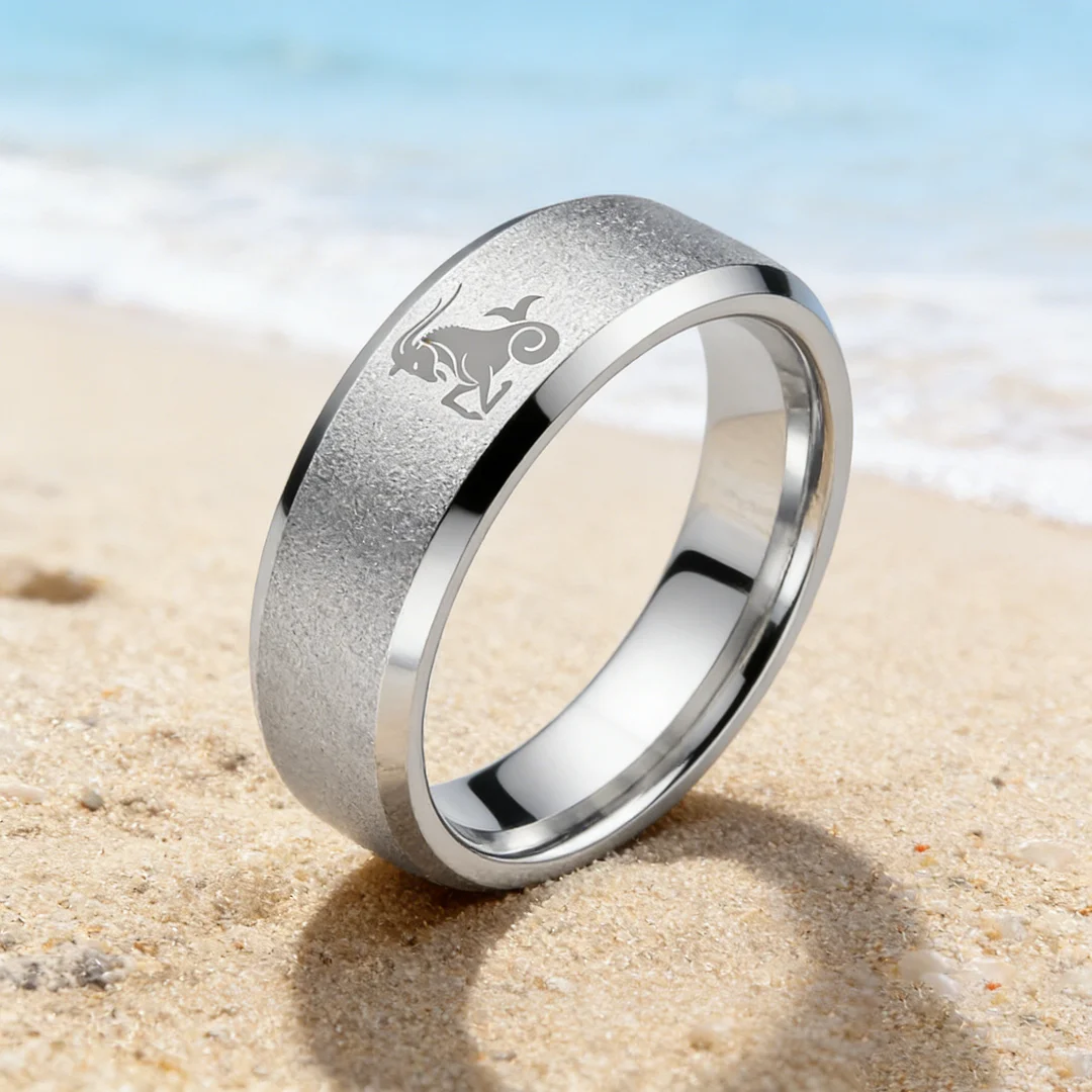 Sliver Edges and Laser Etched Wedding Band Comfort Fit Mens Womens Sliver Capricorn Tungsten Carbide Rings 4MM 6MM 8MM