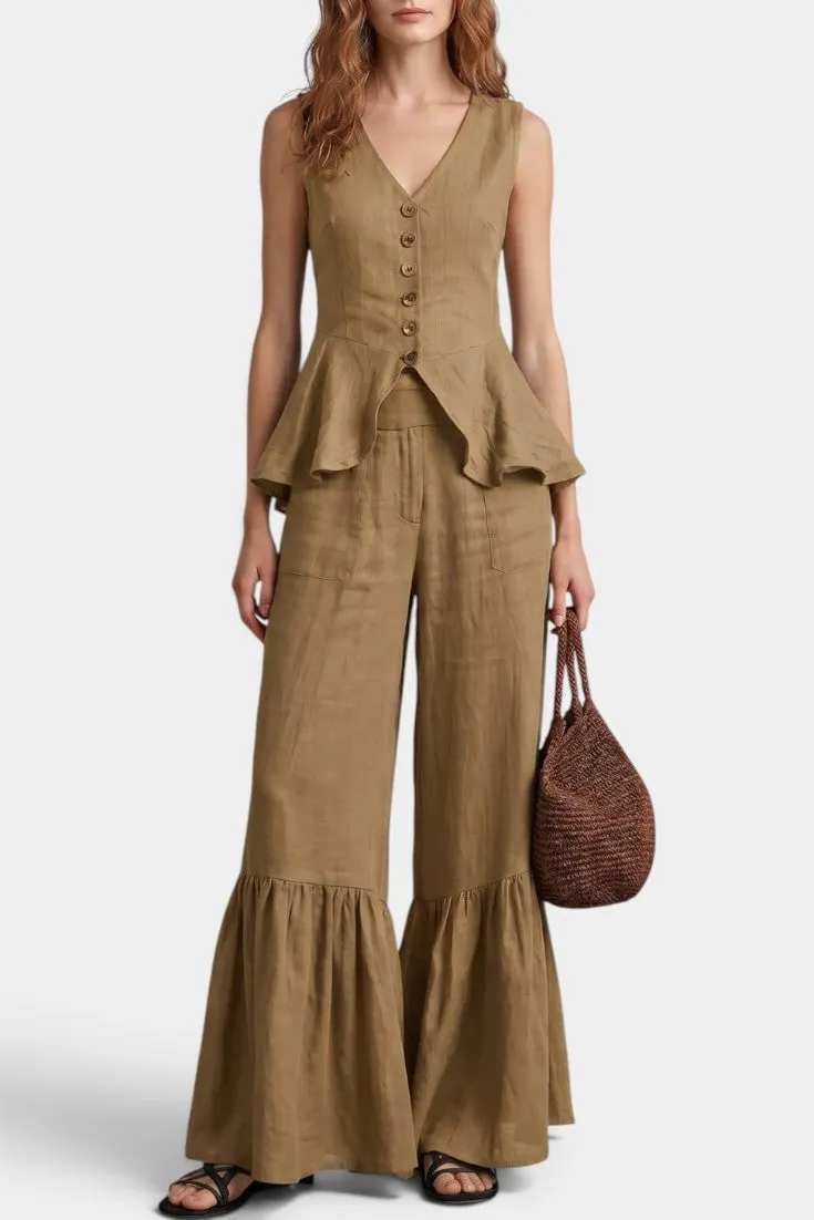 Button-Front Peplum Top with Ruffled Wide Trousers Set