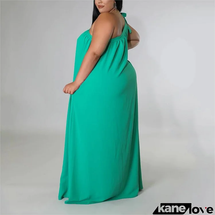 2023 Plus Size One Shoulder Solid Maxi Dress