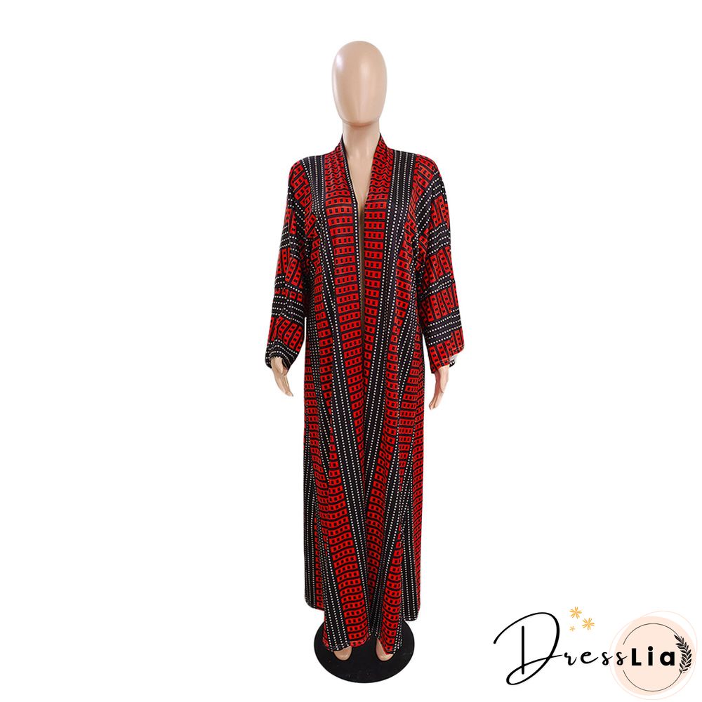 Printed Long Sleeve Open Front Long Cardigan Tops