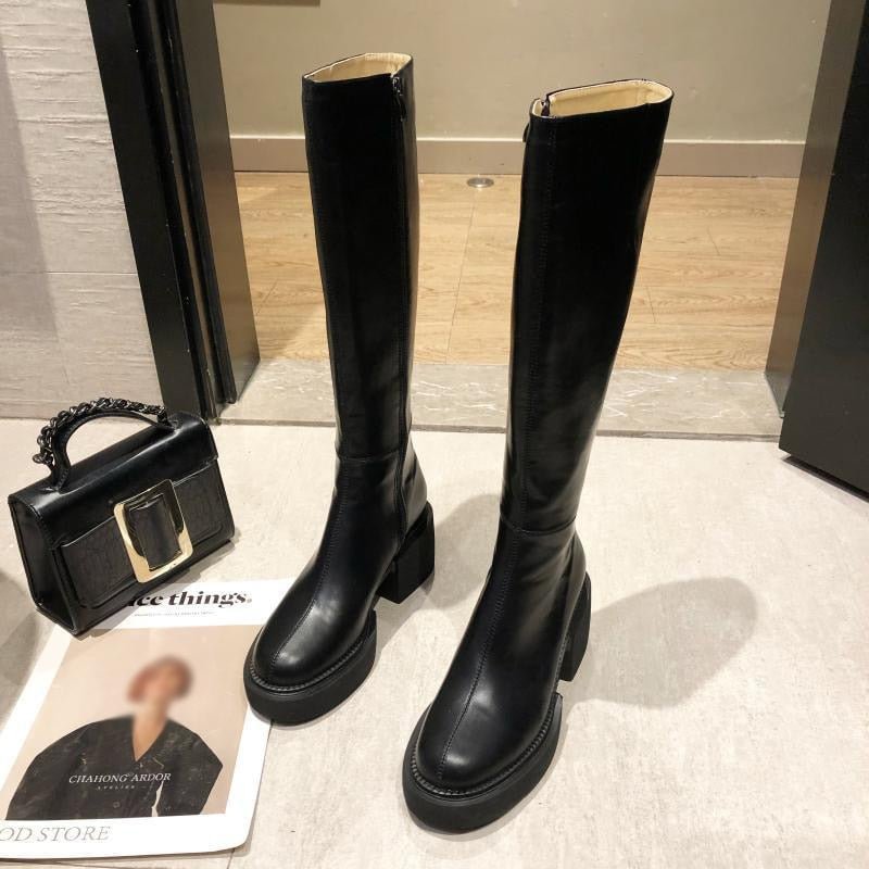 Women's Fashion Thigh High Long Boots Solid Square Heels Ladies Shoes Autumn Winter Soft Leather Zip Female Knee High Boots 2021