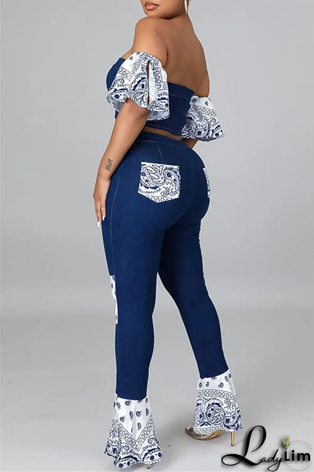 Dark Blue Sexy Casual Patchwork Backless Strapless Short Sleeve Two Pieces