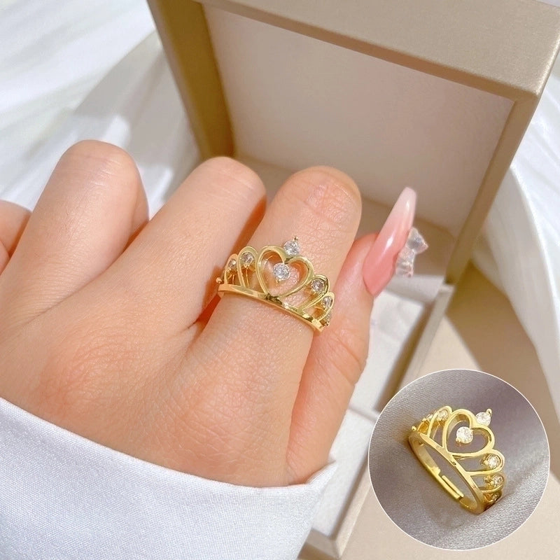 Minimalist Classic Style Crown Brass Plating Inlay Artificial Gemstones Gold Plated Open Rings