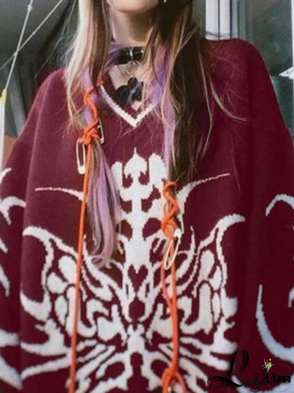 Oversized V Neck Jacquard Pullover Sweater