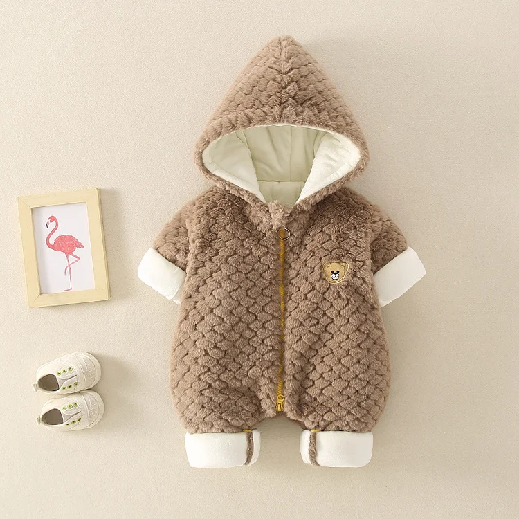 Baby Boy/Girl Solid Color Bear Graphic Hooded Cotton Romper