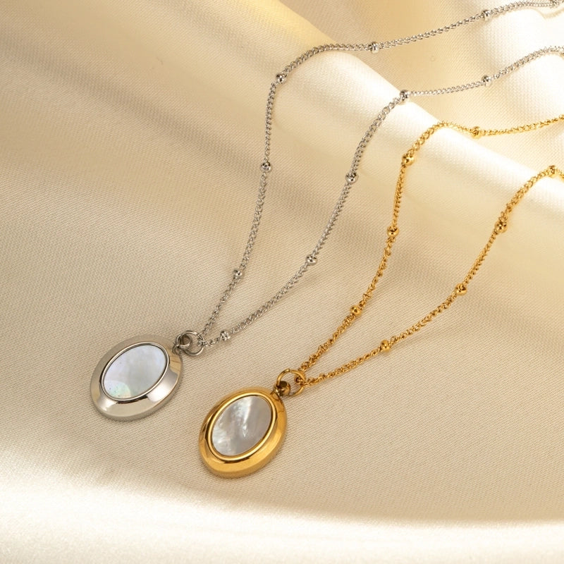 Casual Minimalist Oval Titanium Steel Shell Inlay Pendant Necklace