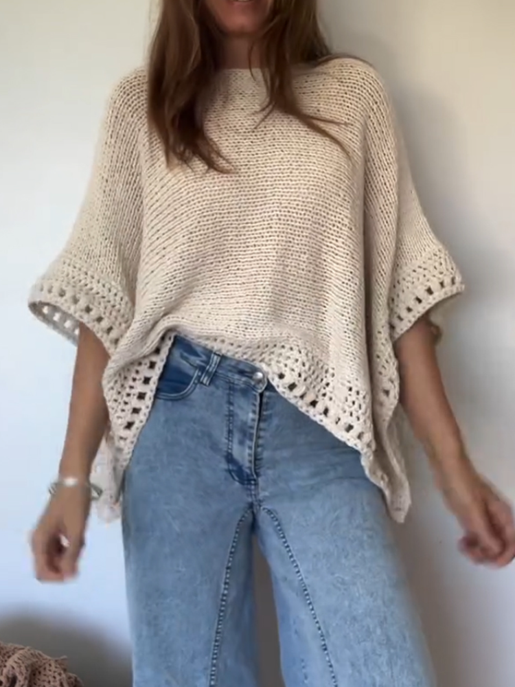 Γυναικείο πλεκτό casual μπλουζάκι με στρογγυλή λαιμόκοψη και κοίλο ντεκολτέ