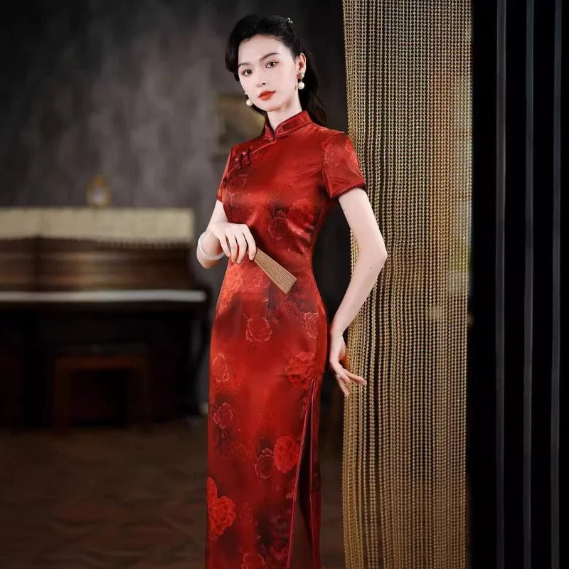 19 mome mulberry silk, floral pattern, high-end long Cheongsam