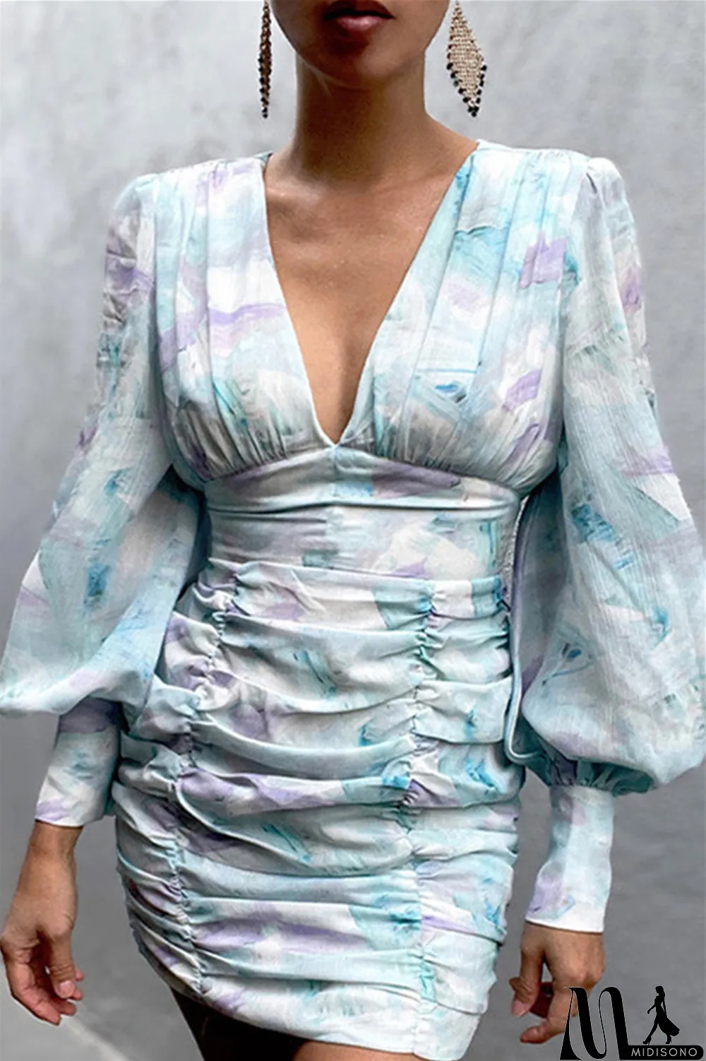 MidiSono - Green Fashion Sexy Print Fold V Neck Long Sleeve Dresses