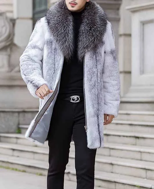 Artificial Fur Lapel Collar Zipper Pockets Long Sleeve Overcoat 